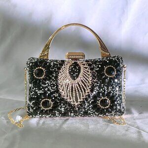 Retro Ladies' Black Evening Bag with Rhinestones Clutch